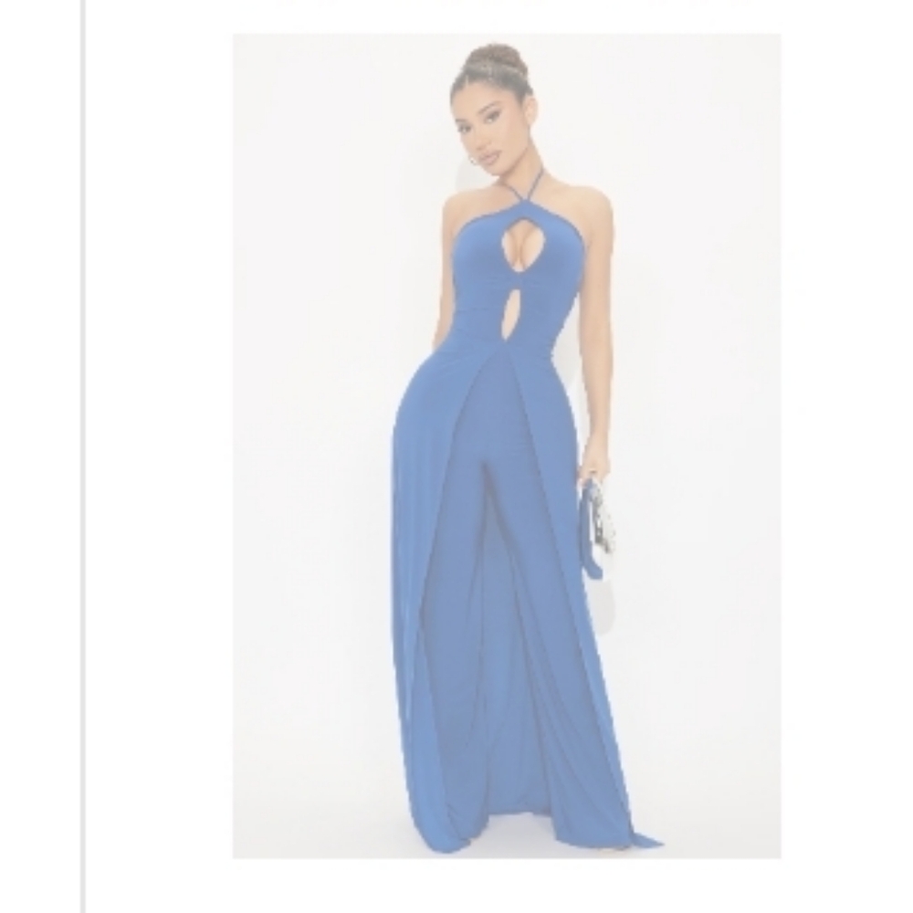 Fashion Nova Cobalt Halter Cutout Wide-Leg Jumpsuit